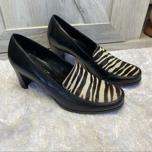 Franco Sarto Zebra Print Calf Hair Leather High Heels Loafer Style Shoes SZ 7.5